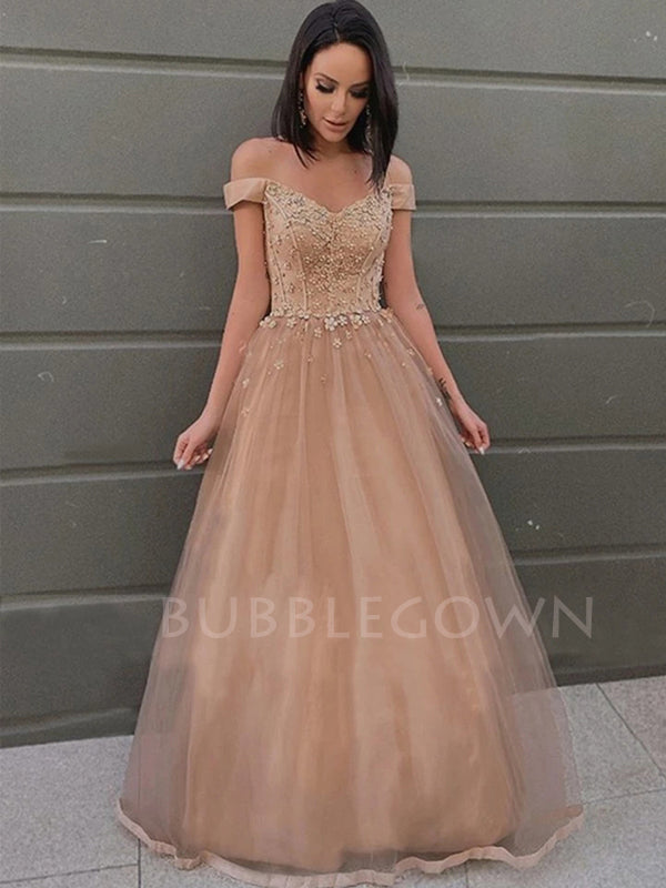 Off Shoulder A-Line Lace Long Evening Prom Dresses, Cheap Tulle Sweet Prom Dresses, MR7191