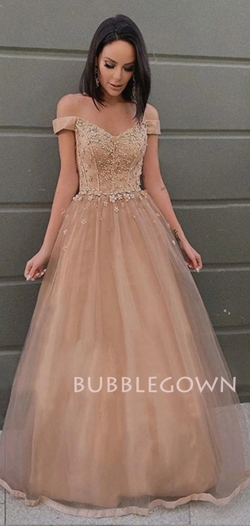 Off Shoulder A-Line Lace Long Evening Prom Dresses, Cheap Tulle Sweet Prom Dresses, MR7191