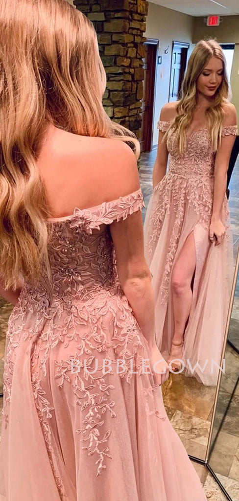 Off Shoulder Tulle Floor Length Dusty Pink Lace A-line Long Evening Prom Dresses, Cheap Prom Dress, MR7201