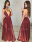 Simple Deep V Neck Backless Burgundy Chiffon Cheap Long Evening Prom Dresses, MR7205