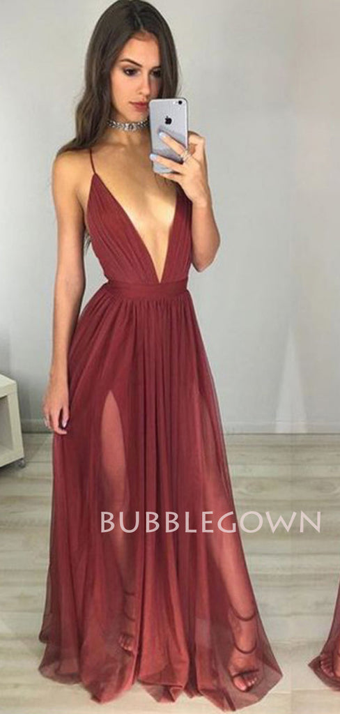 Simple Deep V Neck Backless Burgundy Chiffon Cheap Long Evening Prom Dresses, MR7205