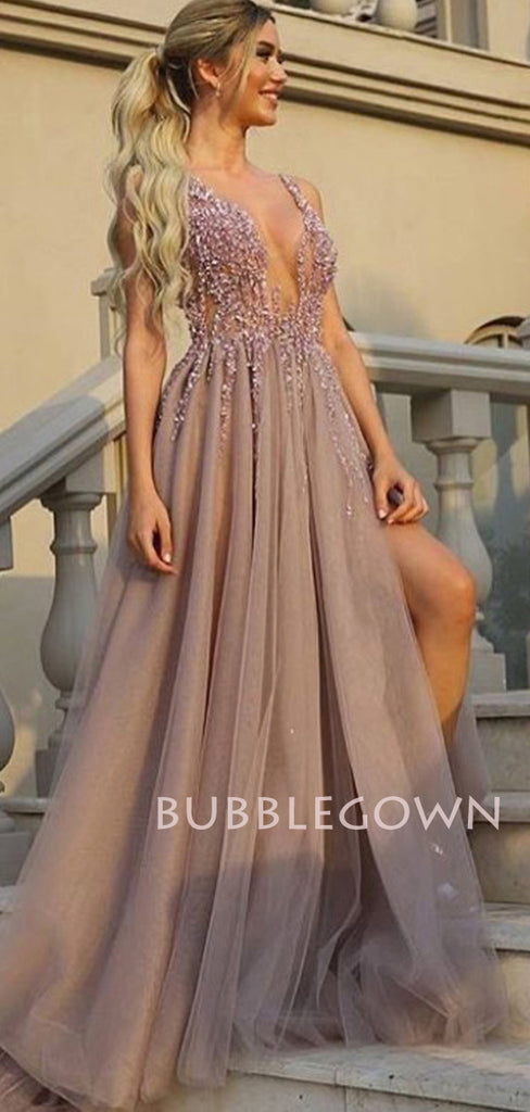 Deep V Neck Backless Beaded Long Evening Prom Dresses, Cheap Custom Prom Dresses, MR7207