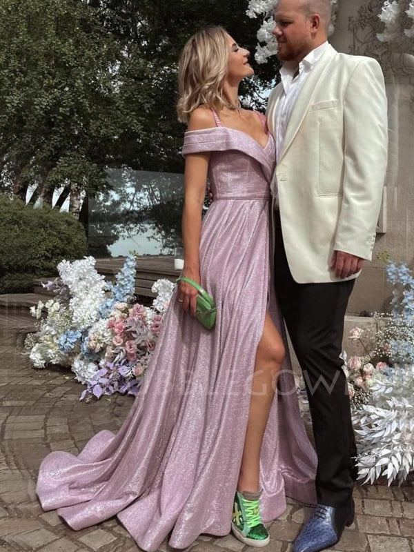 Dusty Purple Off Shoulder Sparkle A-Line Side Slit Long Evening Prom Dresses, MR7219