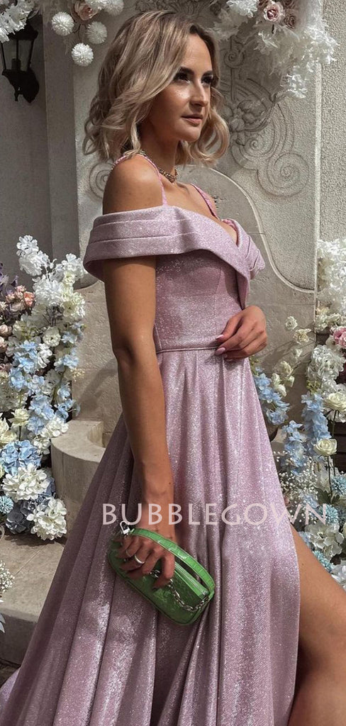 Dusty Purple Off Shoulder Sparkle A-Line Side Slit Long Evening Prom Dresses, MR7219