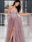 Dusty Purple V Neck Tulle Side Slit A-line Long Evening Prom Dresses, Cheap Prom Dress, MR7220