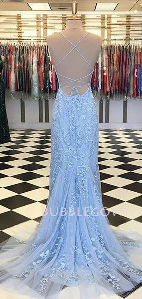 Sexy Mermaid Spaghetti Straps Dusty Blue Lace Long Evening Prom Dresses, MR7223