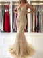 Champagne Gold Mermaid V Neck Lace Long Evening Prom Dresses, MR7228