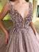 Dusty Purple Deep V Neck Sequin Long Evening Prom Dresses, Cheap Custom Prom Dresses, MR7229