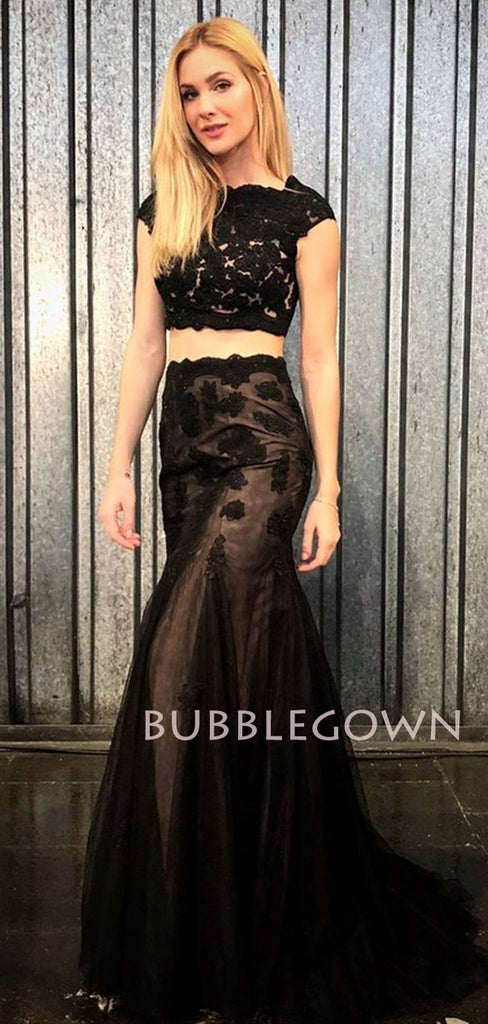 Two Pieces Mermaid Black Lace Long Evening Prom Dresses, Cheap Custom Prom dresses, MR7232