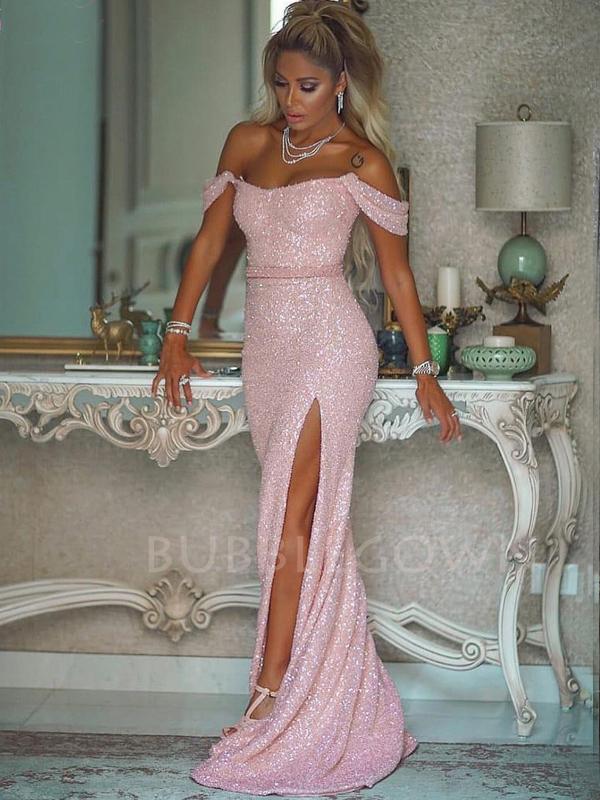 Pink Sequin Deep V Neck Side Slit Long Evening Prom Dresses, Cheap Custom Prom Dresses, MR7234