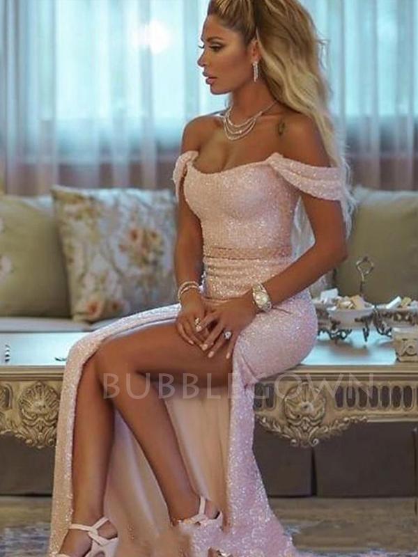 Pink Sequin Deep V Neck Side Slit Long Evening Prom Dresses, Cheap Custom Prom Dresses, MR7234