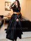 Black Long Sleeves Two Pieces Lace Satin Long Evening Prom Dresses, Long Custom Party prom dresses, MR7237