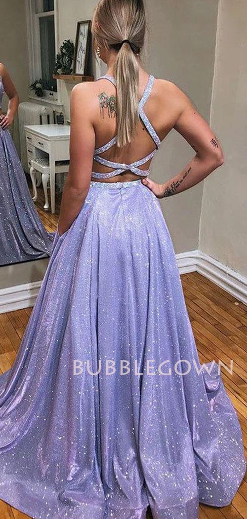 Sexy Backless Two Pieces Sparkle A-Line Long Evening Prom Dresses, MR7238