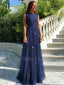 See Throuth Backless Navy Blue Sparkly Long Evening Prom Dresses, MR7247