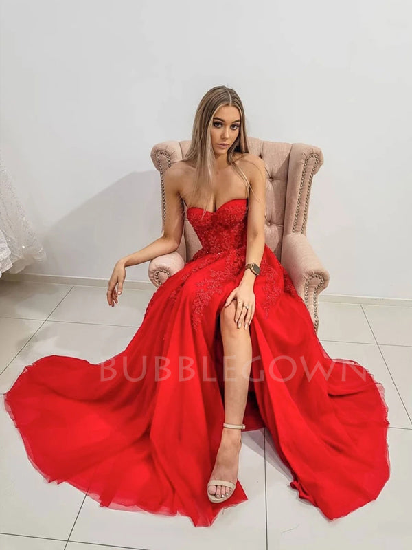 Sexy Backless Red Tulle Side slit Lace Long Evening Prom Dresses, Cheap Tulle Sweet Dresses, MR7255