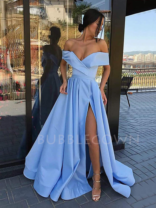 Off Shoulder Orange A-Line Side Slit Long Evening Prom Dresses, MR7257