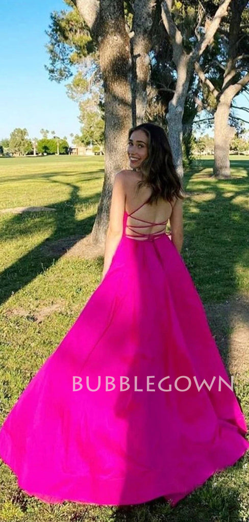 Sexy Backless A-Line Fuchsia Satin Side Slit Deep V Neck Long Evening Prom Dresses, MR7260