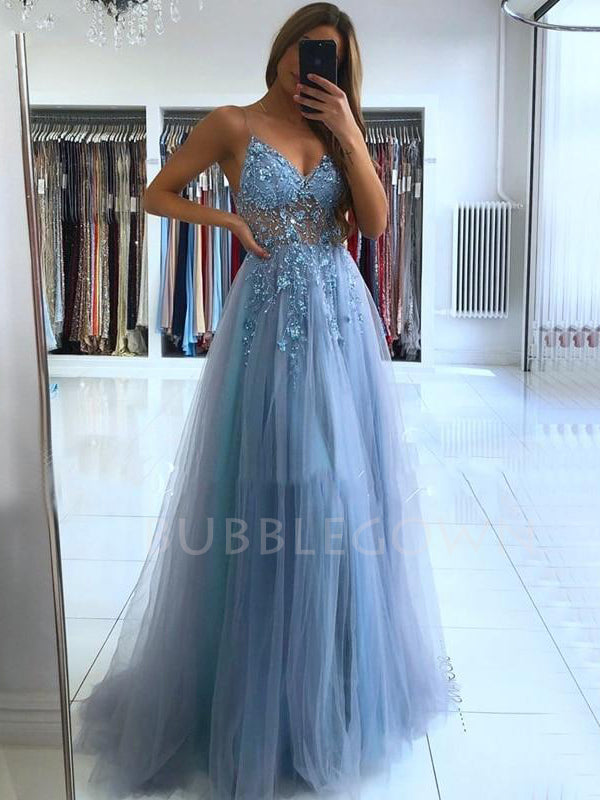 See Through V-neck Champagne Tulle A-line Long Evening Prom Dresses, MR7265