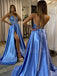 Sexy Backless A-Line Simple Blue Satin Long Evening Prom Dresses, MR7266