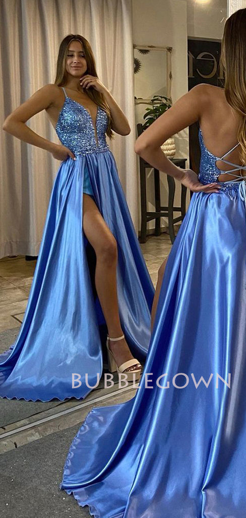 Sexy Backless A-Line Simple Blue Satin Long Evening Prom Dresses, MR7266