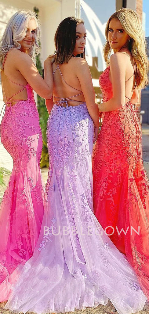 Spaghetti Straps Mermaid Lace backless Long Evening Prom Dresses, MR7268