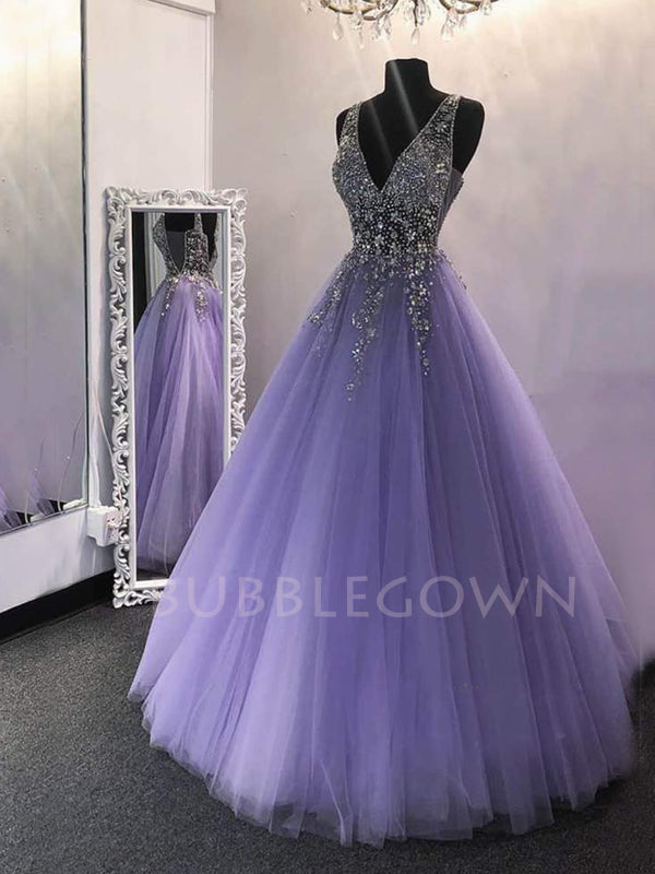 V Neck Purple Tulle Floor Length A-line Long Evening Prom Dresses, MR7281