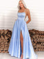 Spaghetti Straps Blue Satin A-Line Side Slit Long Evening Prom Dresses, MR7282