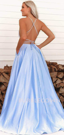 Spaghetti Straps Blue Satin A-Line Side Slit Long Evening Prom Dresses, MR7282