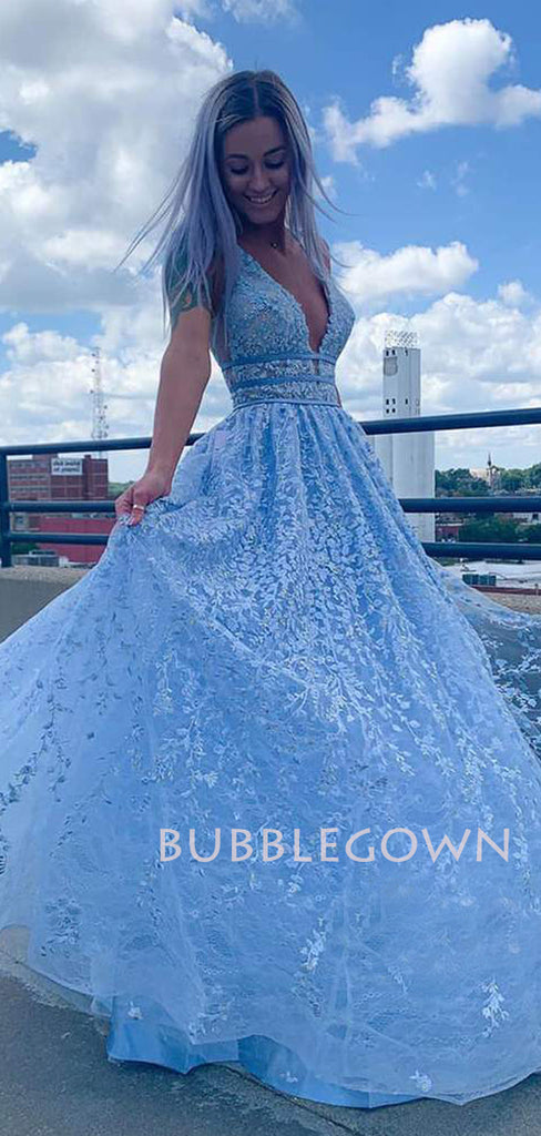 Deep V Neck Blue Lace Long A-Line Evening Prom Dresses, Cheap Custom Prom Dresses, MR7285