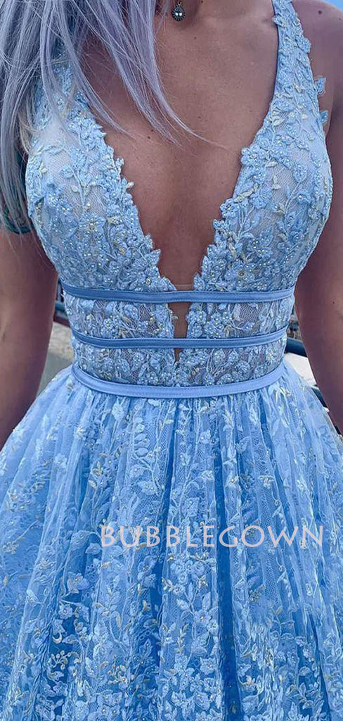 Deep V Neck Blue Lace Long A-Line Evening Prom Dresses, Cheap Custom Prom Dresses, MR7285