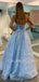 Sparkly A-Line Backless Blue Long Evening Prom Dresses, MR7288