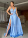 Deep V Neck Blue Satin Side Slit Long Evening Prom Dresses, Cheap Custom Backless Prom Dresses, MR7289