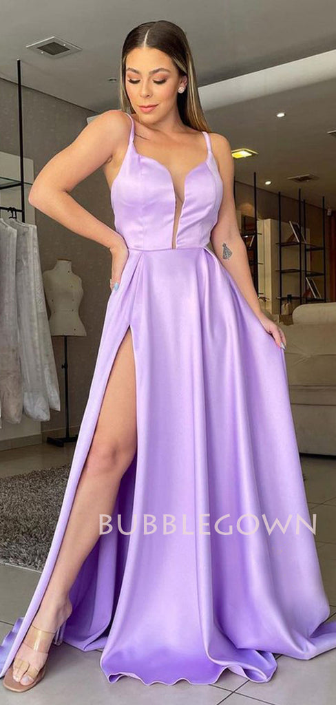 Deep V Neck Blue Satin Side Slit Long Evening Prom Dresses, Cheap Custom Backless Prom Dresses, MR7289