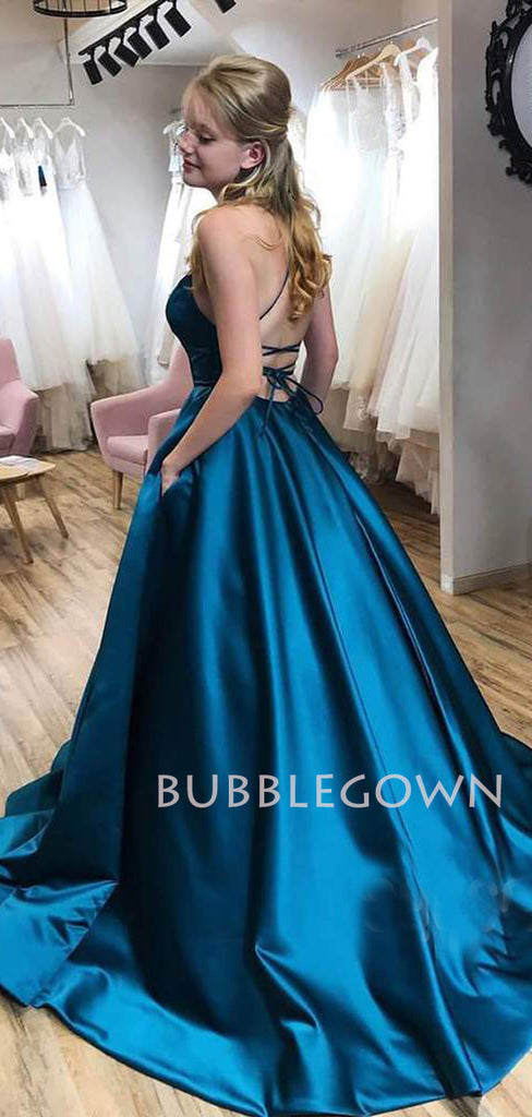 A-Line Satin Backless Spaghetti Straps Long Evening Prom Dresses, Cheap Custom Backless Prom Dresses, MR7295