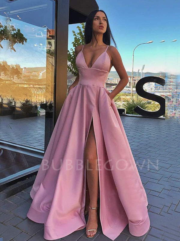 Black Satin Deep V Neck Side Slit Backless Long Evening Prom Dresses, Cheap Custom Backless Prom Dresses, MR7297