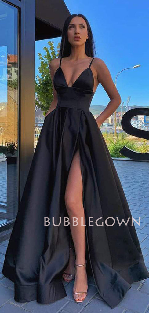 Black Satin Deep V Neck Side Slit Backless Long Evening Prom Dresses, Cheap Custom Backless Prom Dresses, MR7297