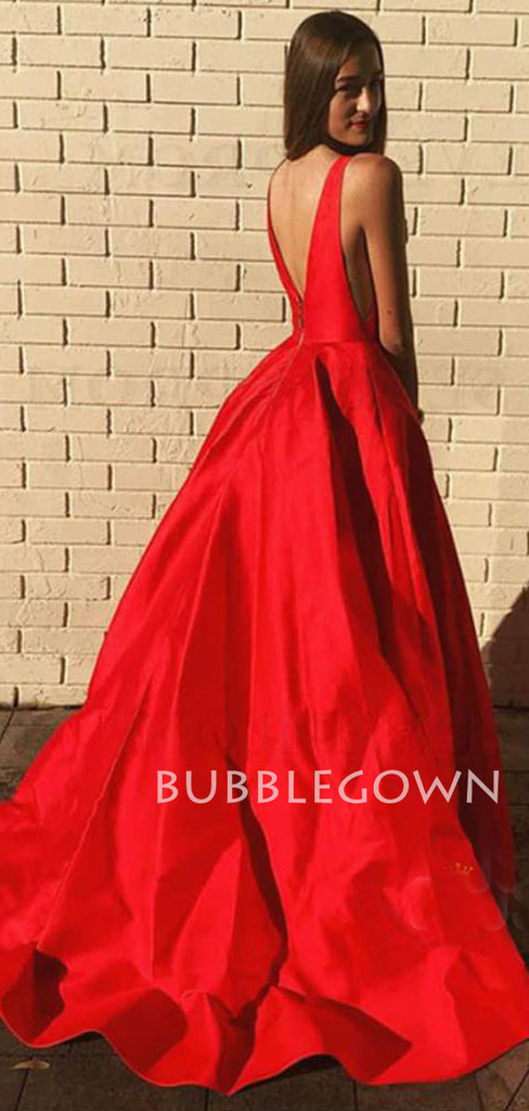 Deep V Neck Red Satin Long V Back Evening Prom Dresses, Cheap Custom prom dresses, MR7301