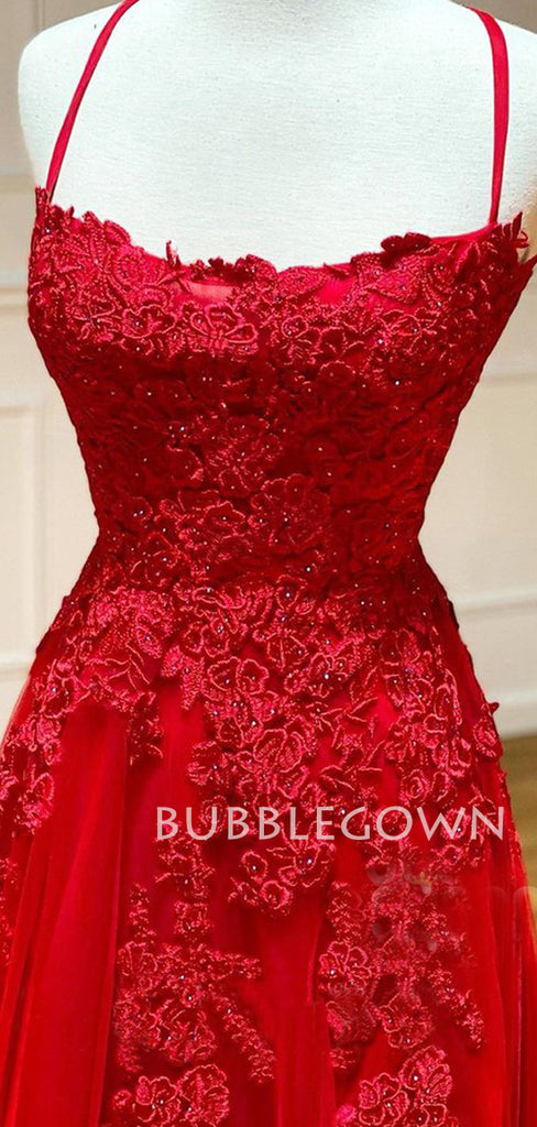 Red Lace A-Line Spaghetti Straps Long Evening Prom Dresses, Cheap Custom Prom Dress, MR7310