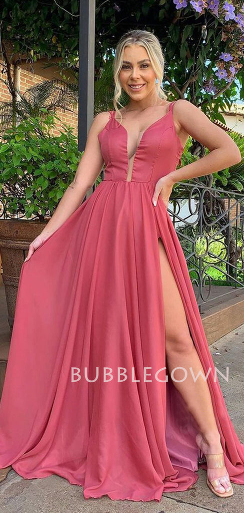 Deep V Neck Simple Backless Chiffon Cheap Long Evening Prom Dresses, MR7311