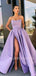 A-Line Dusty Purple Satin Backless Side Slit Long Evening Prom Dresses, Cheap Custom Backless Prom Dresses, MR7322