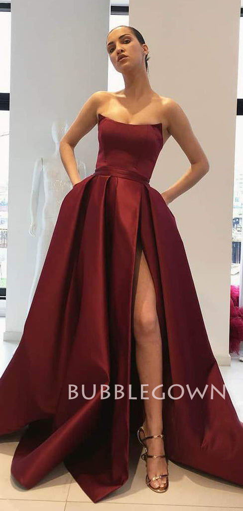 A-Line Dusty Purple Satin Backless Side Slit Long Evening Prom Dresses, Cheap Custom Backless Prom Dresses, MR7322