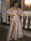 Off Shoulder A-Line Pink Backless Sparkly Side Slit Long Evening Prom Dresses, MR7324