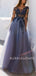 Sexy See Throuth Long Sleeves Tulle A-line Blue Lace Long Evening Prom Dresses, Cheap Prom Dress, MR7326