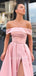 Pink Satin Off Shoulder A-line Long Evening Prom Dresses, Cheap Custom prom dresses, MR7327