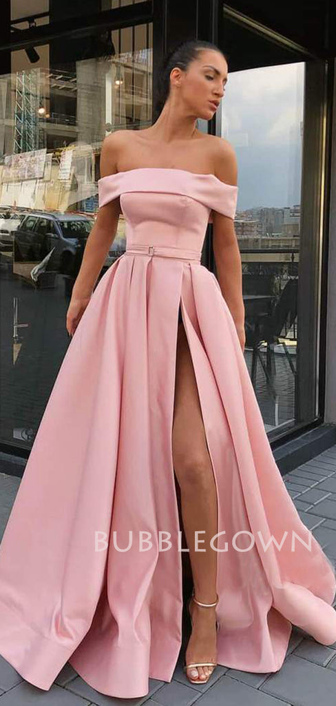 Pink Satin Off Shoulder A-line Long Evening Prom Dresses, Cheap Custom prom dresses, MR7327