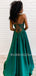 Green Satin Spaghetti Straps A-Line Long Evening Prom Dresses, MR7338