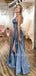 A-Line Spaghetti Straps Blue Sparkle Side Slit Long Evening Prom Dresses, MR7339