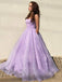 A-Line Lilac Tulle Spaghetti Straps Sparkly Long Evening Prom Dresses, MR7341