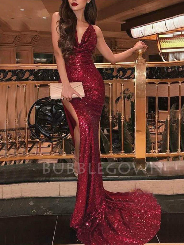 Burgundy Sequin Mermaid Side Slit Long Evening Prom Dresses, MR7343