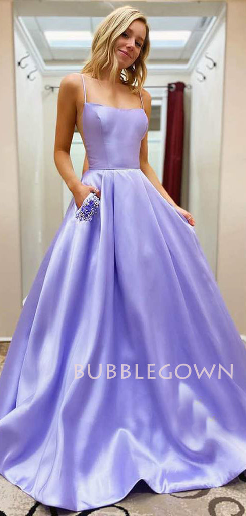 Lavender Satin A-Line Spaghetti Straps Long Evening Prom Dresses, Long Party prom dresses, MR7344